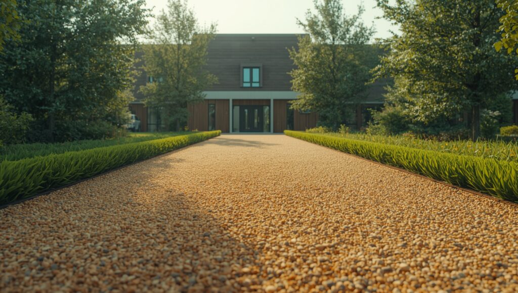 A premium sustainable gravel driveway leading to a modern UK home.