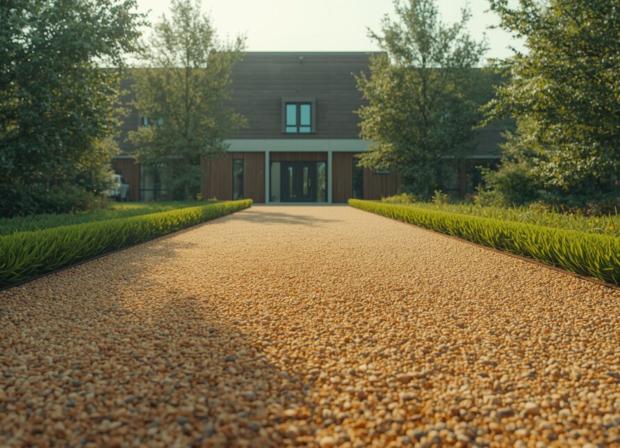 A modern UK home with a beautifully maintained sustainable gravel driveway, featuring clean golden gravel and eco-friendly landscaping.