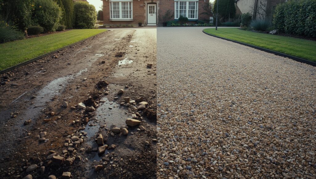 A split-view showing common gravel driveway issues alongside a stable finish created with a gravel grid system.