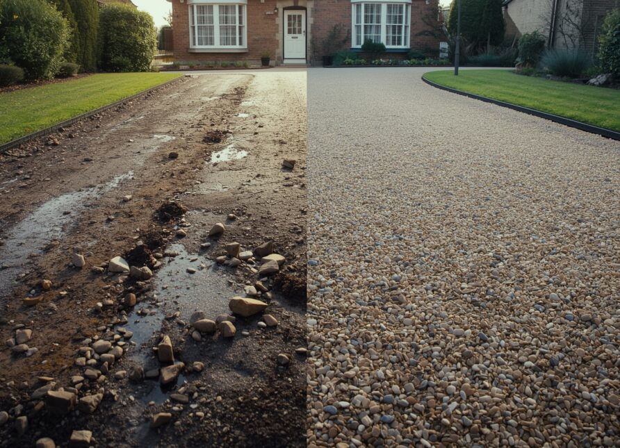 Split-image showing a traditional gravel driveway with ruts and loose stones on one side, and a smooth, stable gravel driveway supported by a hidden grid system on the other.