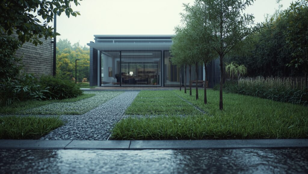 A modern driveway design combining natural materials with hidden structural systems for durability and sustainability.