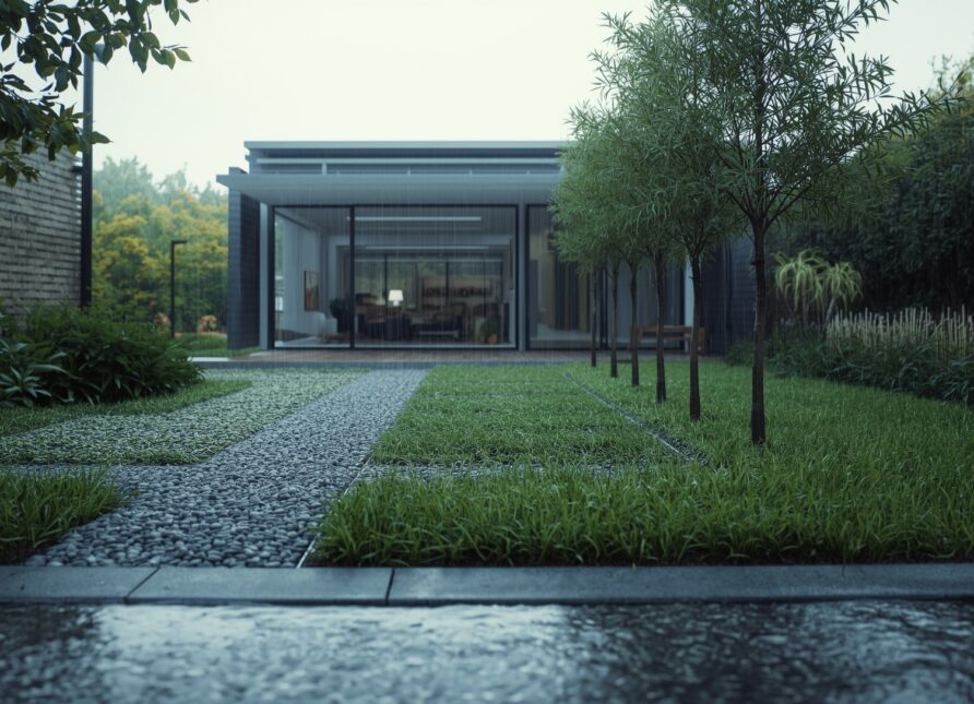 Natural gravel driveway with hidden reinforcement systems, showcasing modern sustainable driveway design for residential properties