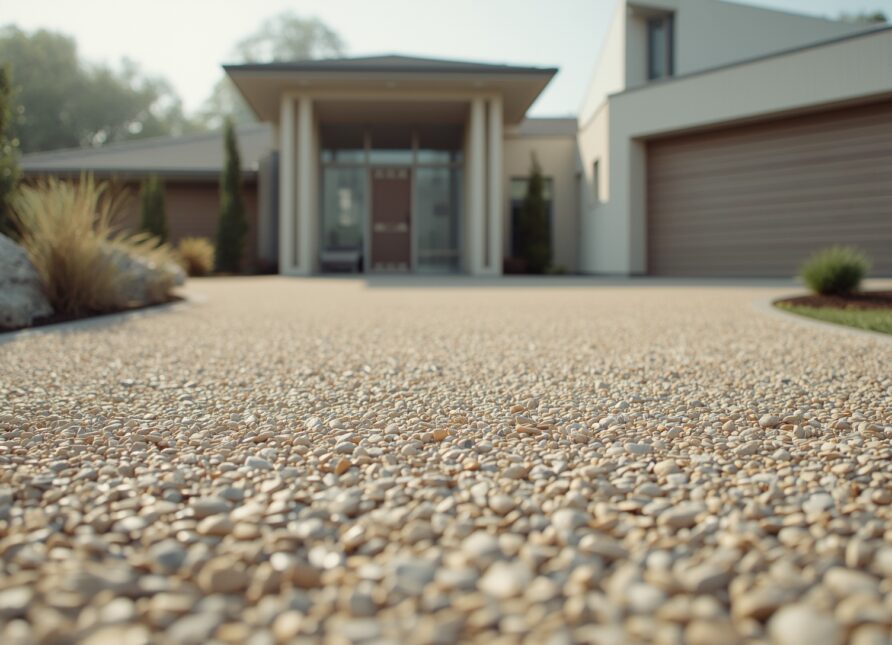 Luxury gravel driveway with hidden base system providing a seamless surface for premium residential landscaping projects