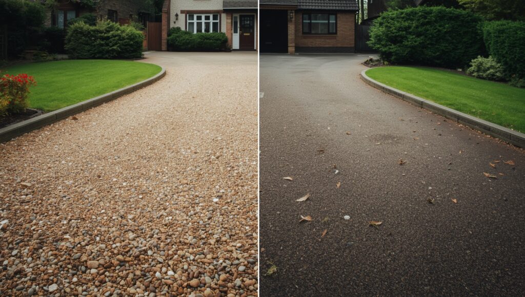 A side-by-side comparison of a natural gravel driveway and a resin bound driveway, highlighting differences in texture and finish.