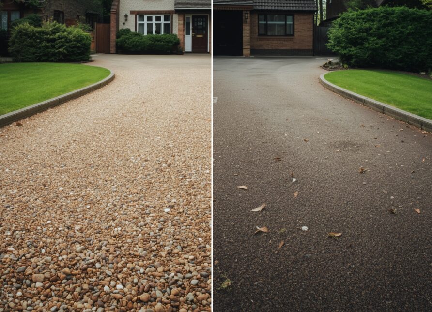 Gravel driveway and resin bound driveway shown side by side outside a UK residential property to compare long-term appearance.