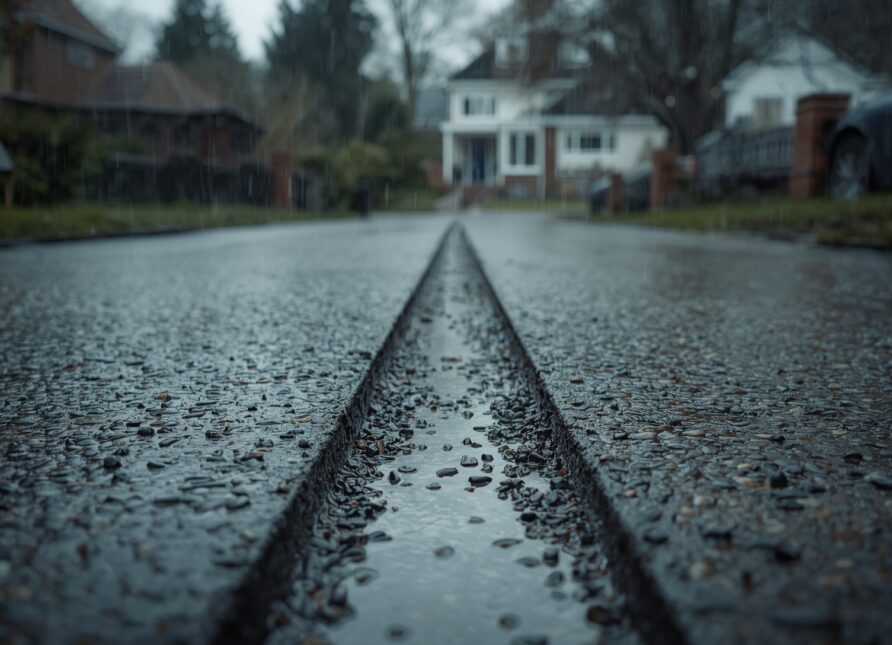 Permeable gravel driveway allowing rainwater to drain naturally into the ground, reducing surface water runoff and flood risk
