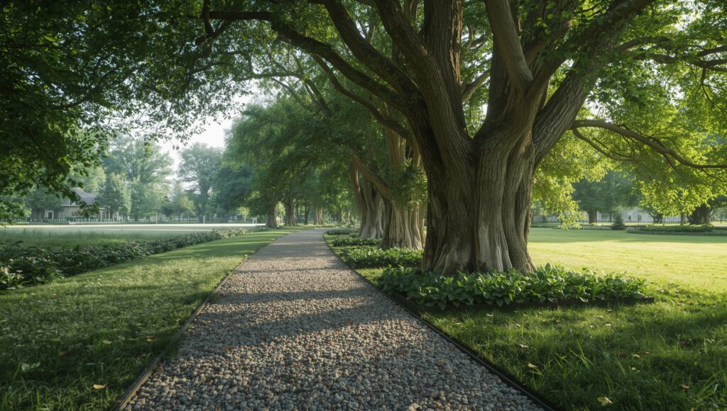 A reinforced gravel path that allows water and air to reach tree roots while maintaining surface stability.