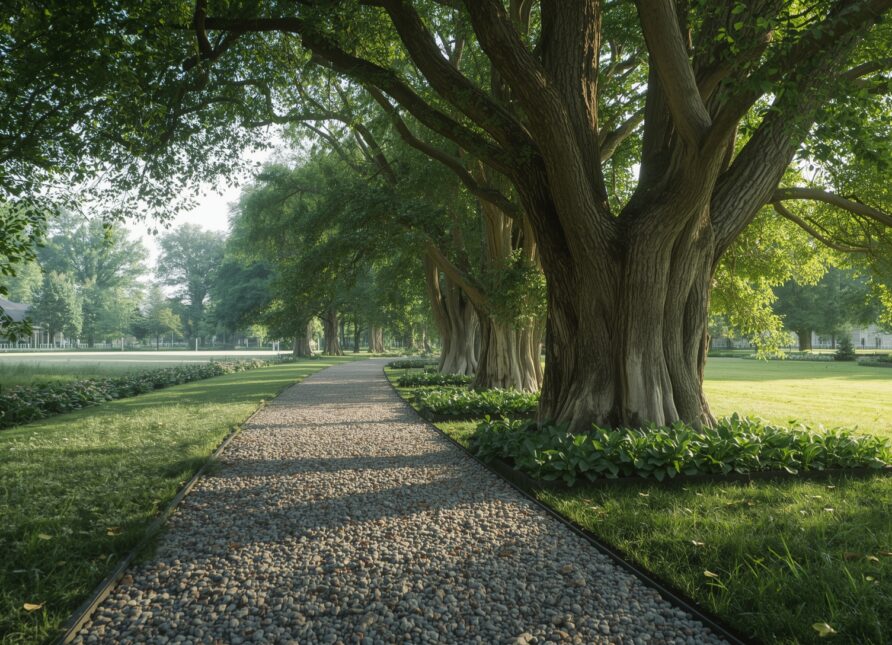 Permeable gravel path installed near mature trees, designed to protect tree roots while providing a stable surface for access.