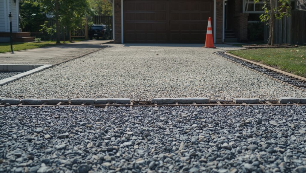 A reinforced gravel driveway that locks stone in place for long-term stability and a clean finish.