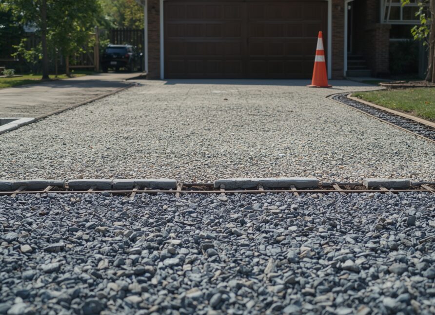Professionally installed gravel driveway using a gravel grid system to create a stable, level surface with clean edges.