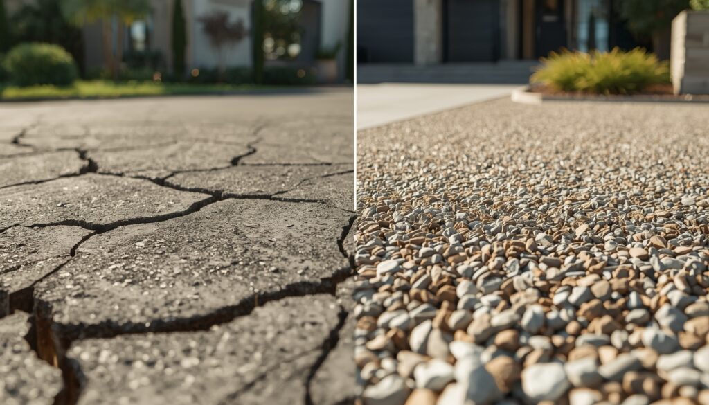 A side-by-side view of an ageing driveway upgraded with a modern gravel overlay system