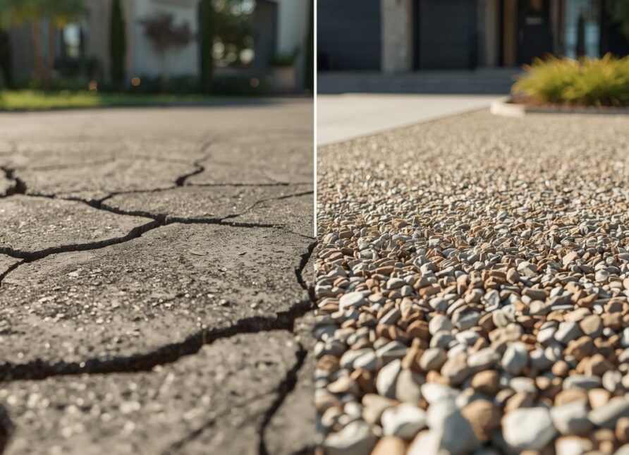 Before and after driveway transformation showing cracked tarmac replaced with a premium gravel driveway overlay