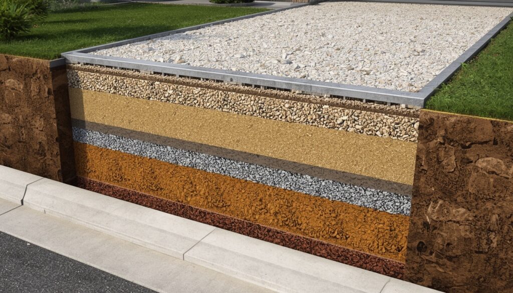 Layered structure beneath a gravel driveway showing how each level supports stability and drainage