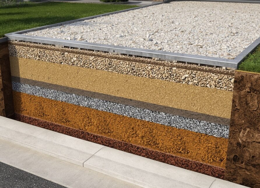 Cross section of a gravel driveway showing sub base layers and gravel grid system