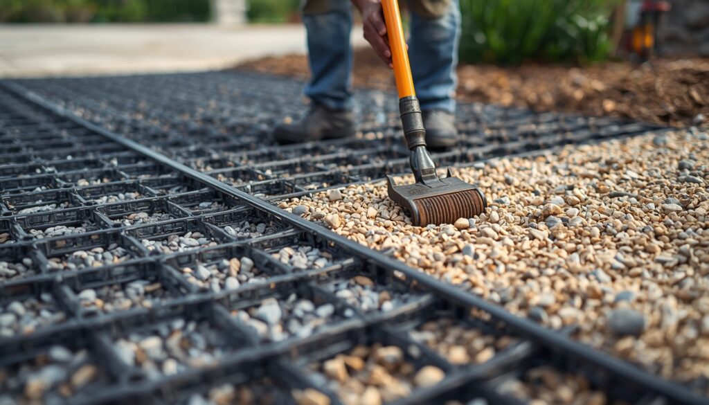 A contractor installs an integrated gravel grid and membrane system to create a stable, permeable, and low-maintenance driveway surface.