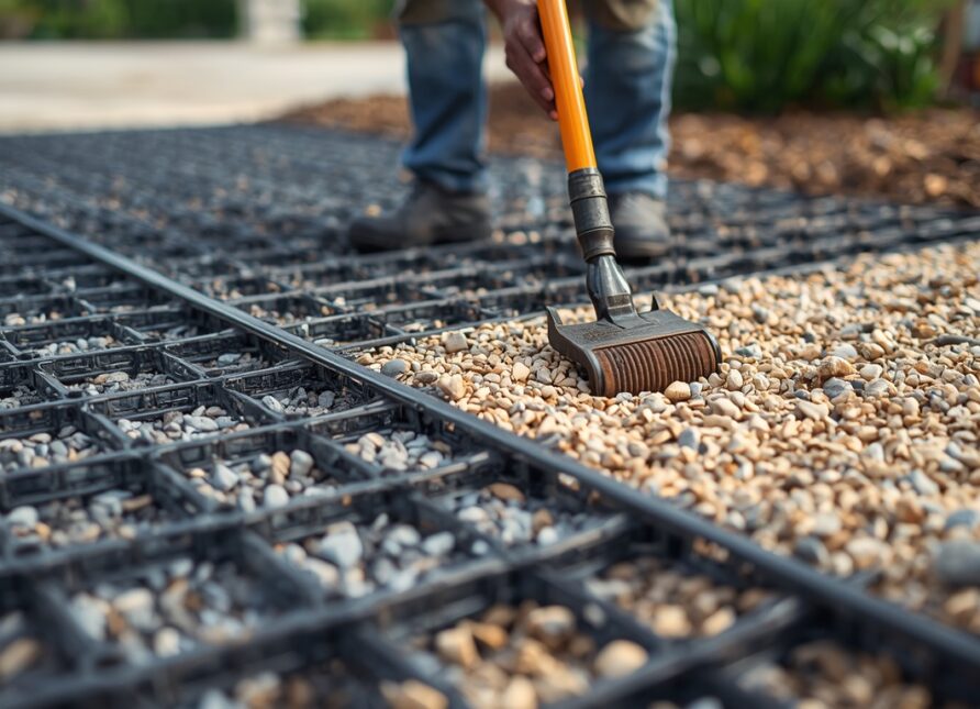 Professional landscaper installing a gravel grid with an attached weed membrane as part of a permeable driveway construction project.