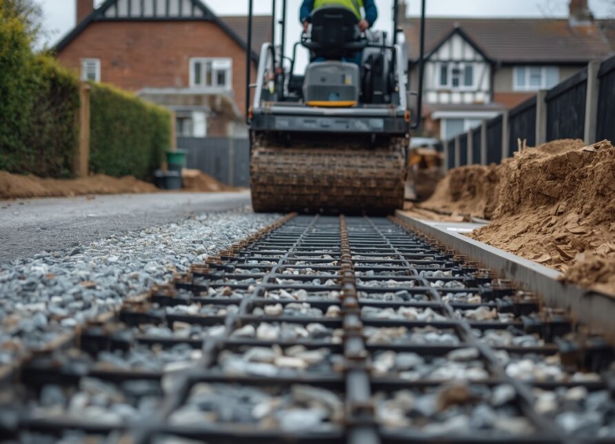 Professional contractor compacting a driveway sub-base during the installation process to create a stable foundation for a new driveway.