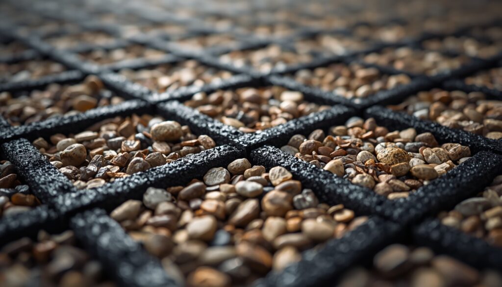A SuDS compliant gravel driveway using a hidden gravel stabilisation grid to improve drainage and reduce surface water runoff.