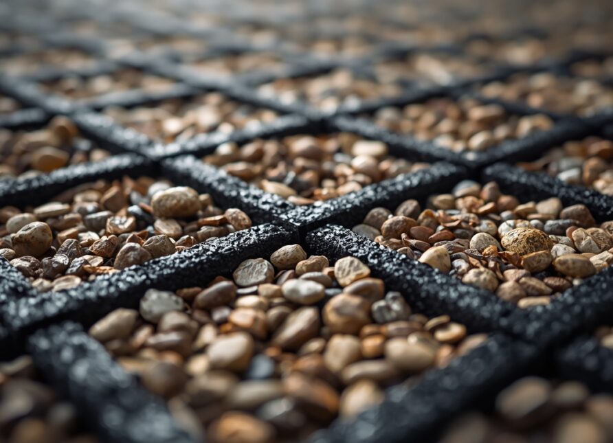 Close-up of a SuDS compliant gravel driveway with a hidden gravel stabilisation grid allowing rainwater to drain naturally.