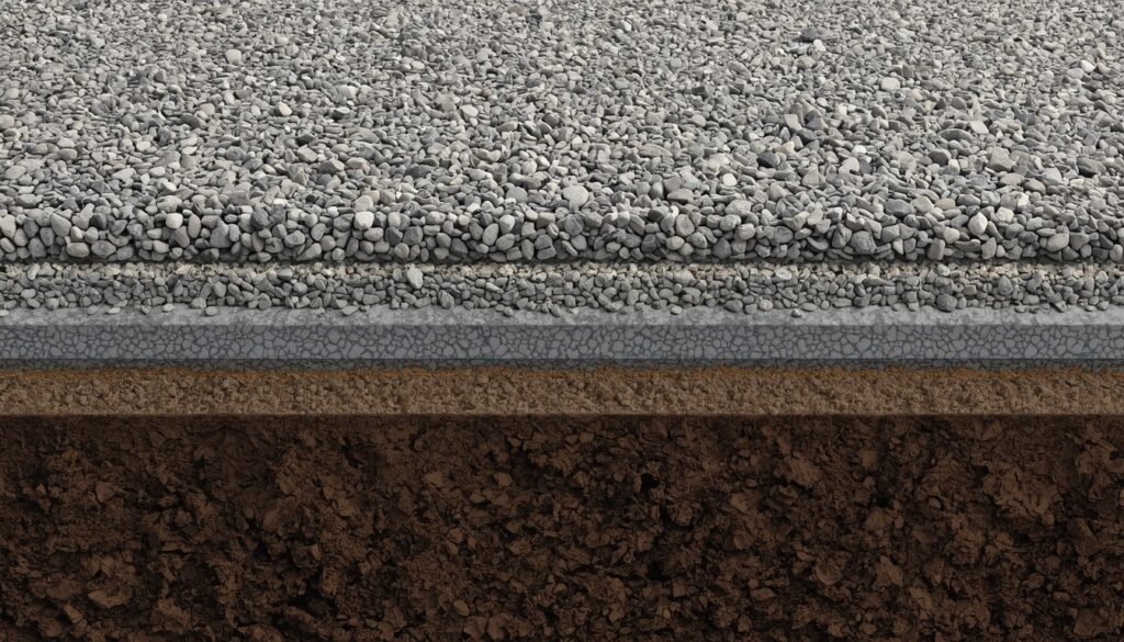 A cutaway illustration showing how a separation membrane, sub-base, and gravel grid work together in a gravel driveway.