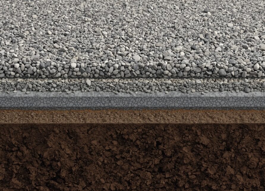 Cutaway view of a gravel driveway showing a separation membrane beneath the sub-base and a gravel grid system.