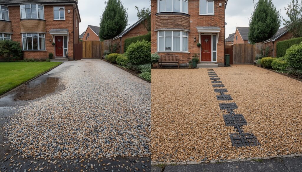 Comparison of a traditional driveway and a permeable driveway system highlighting the benefits of a permeable sub base.