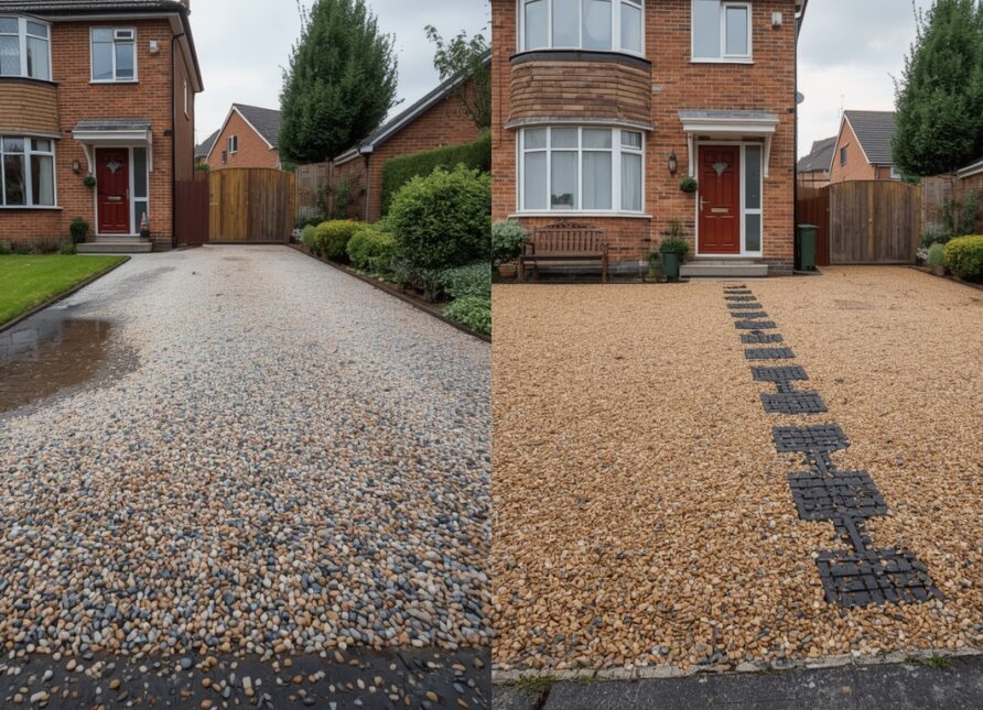 Split-screen comparison of traditional and permeable driveway systems showing how a permeable sub base improves drainage and stability.