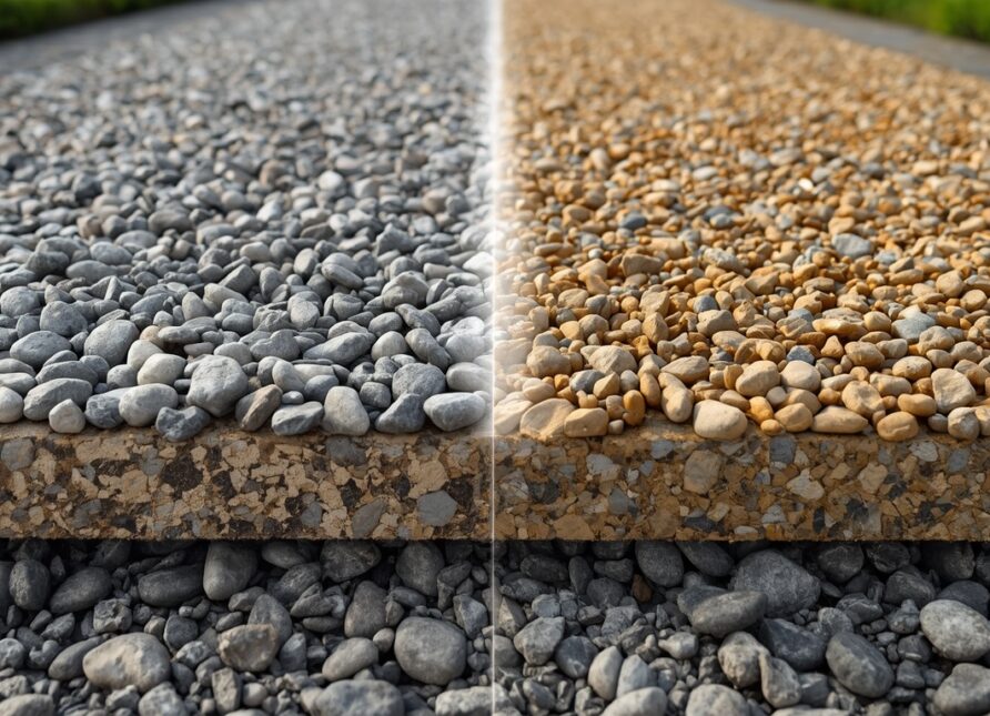 Gravel mesh and gravel matting beneath a gravel driveway