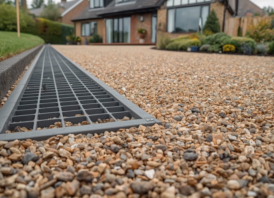 Sloping gravel driveway with gravel retention system at a UK home