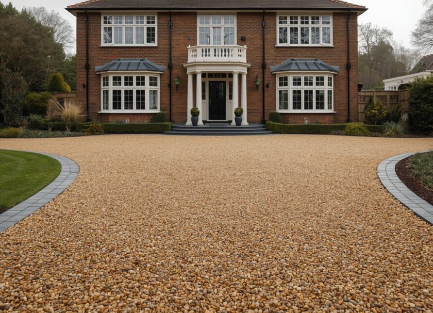UK gravel driveway with landscaped garden and detached home